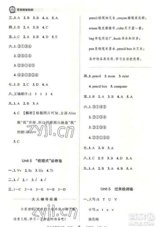江西人民出版社2022王朝霞考点梳理时习卷三年级英语上册BS北师版答案