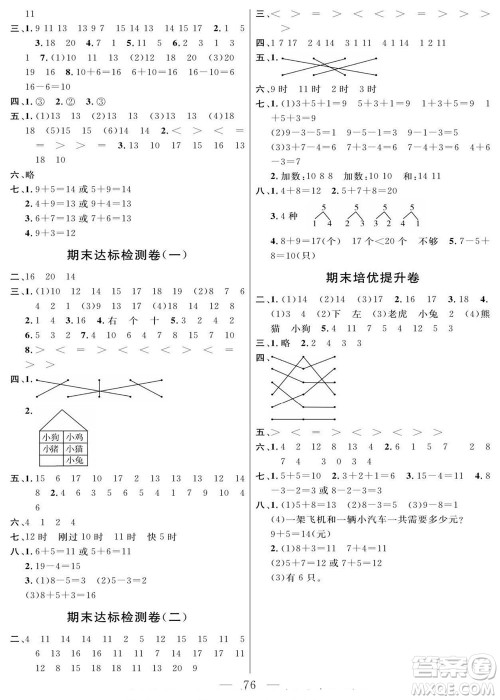 阳光出版社2022名师面对面大试卷数学一年级上册人教版答案 阳光出版社2022名师面对面大试卷数学一年级上册人教版答案