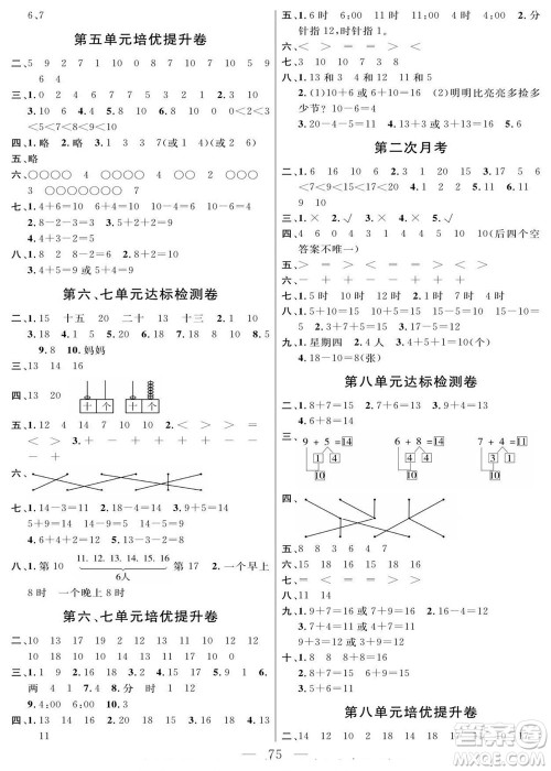 阳光出版社2022名师面对面大试卷数学一年级上册人教版答案 阳光出版社2022名师面对面大试卷数学一年级上册人教版答案