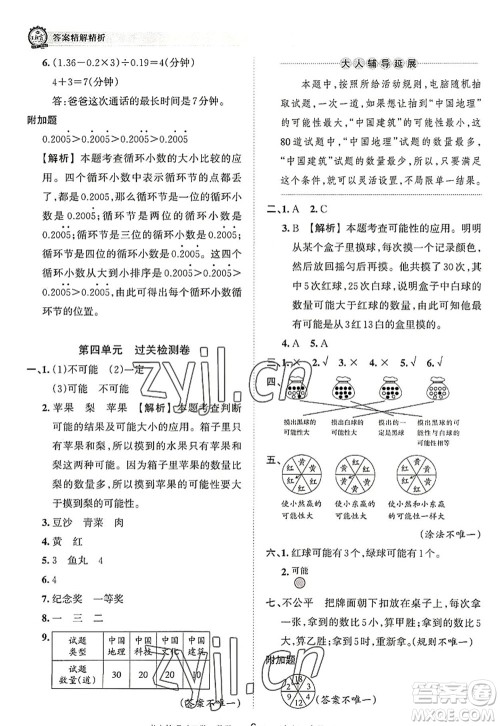 江西人民出版社2022王朝霞考点梳理时习卷五年级数学上册RJ人教版答案