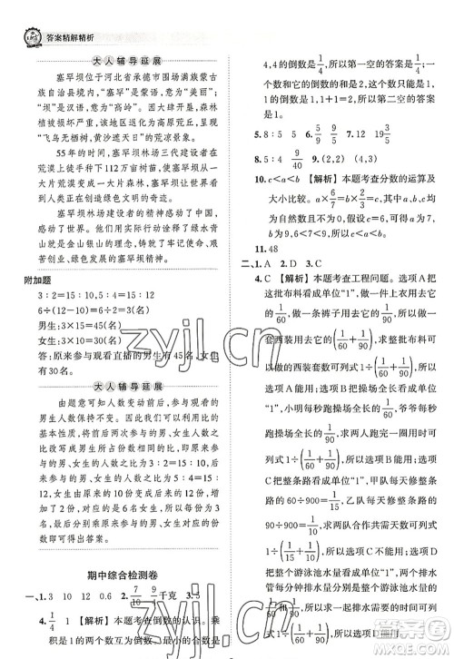 江西人民出版社2022王朝霞考点梳理时习卷六年级数学上册RJ人教版答案