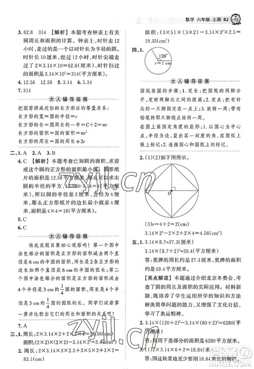 江西人民出版社2022王朝霞考点梳理时习卷六年级数学上册RJ人教版答案
