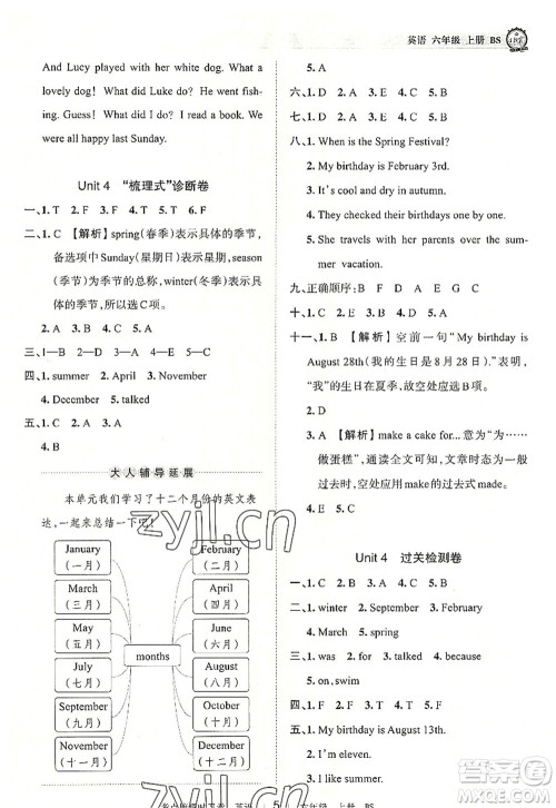 江西人民出版社2022王朝霞考点梳理时习卷六年级英语上册BS北师版答案