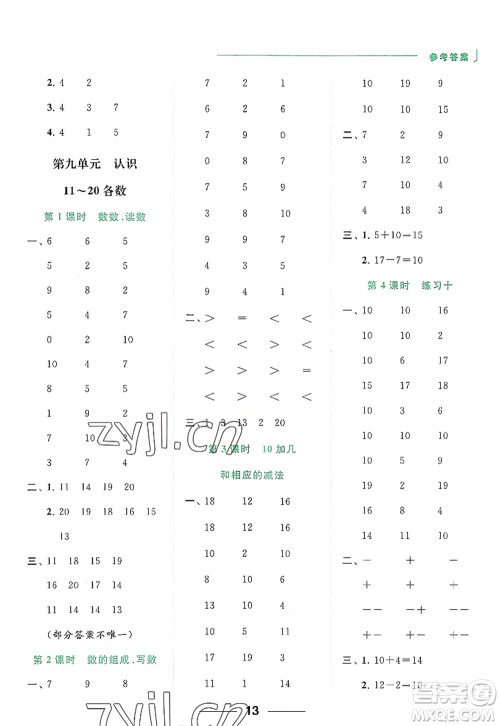 北京教育出版社2022亮点给力计算天天练一年级数学上册江苏版答案