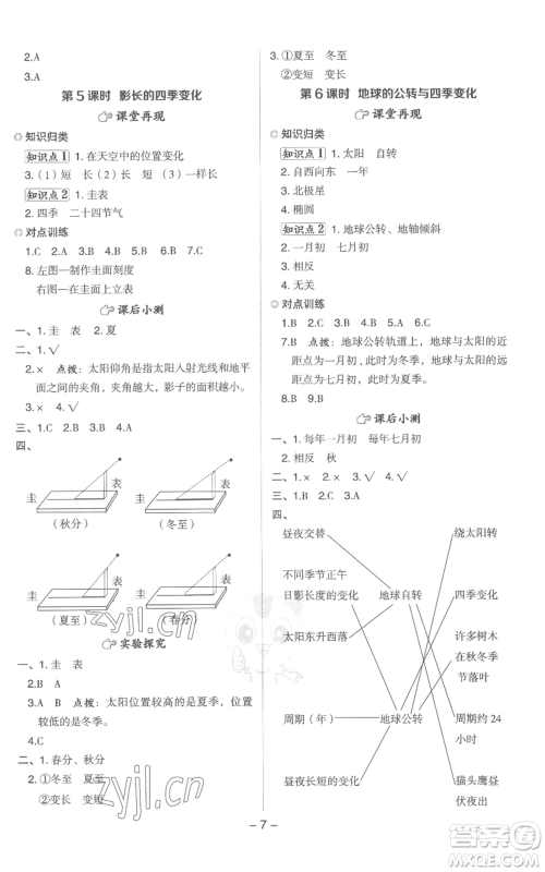 山西教育出版社2022秋季综合应用创新题典中点六年级上册科学教科版参考答案