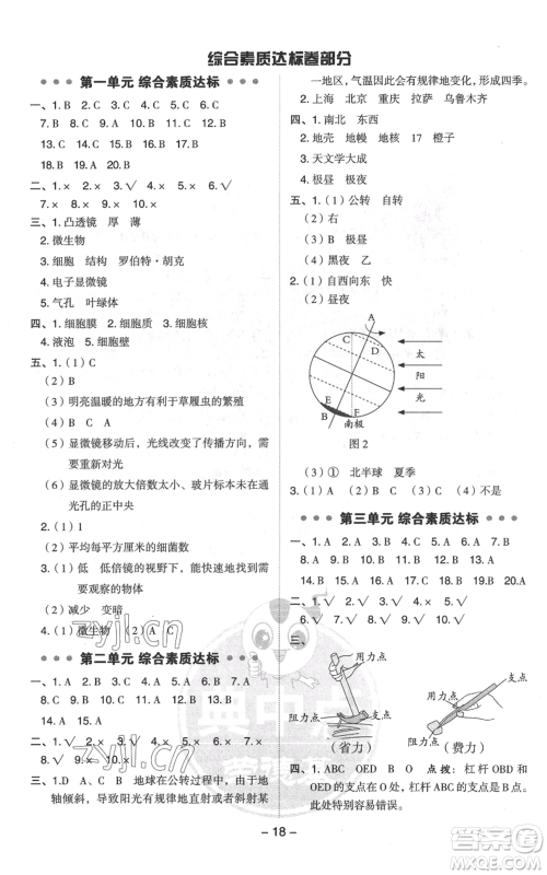 山西教育出版社2022秋季综合应用创新题典中点六年级上册科学教科版参考答案