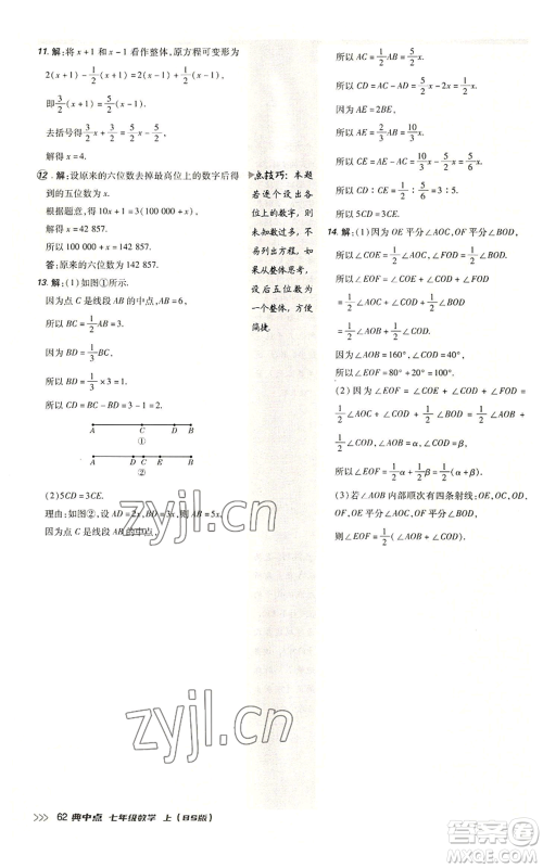 陕西人民教育出版社2022秋季综合应用创新题典中点提分练习册七年级上册数学北师大版参考答案