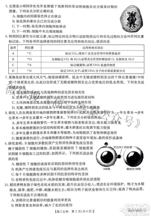 2022-2023年度河南省高三年级入学摸底考试一生物试题及答案