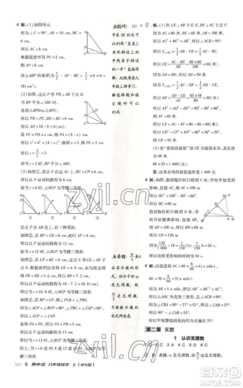 陕西人民教育出版社2022秋季综合应用创新题典中点提分练习册八年级上册数学北师大版参考答案