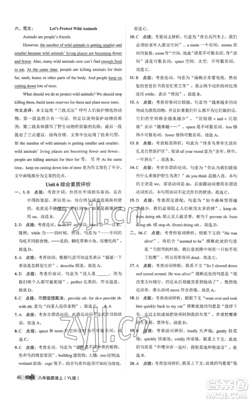 陕西人民教育出版社2022秋季综合应用创新题典中点提分练习册八年级上册英语译林版参考答案