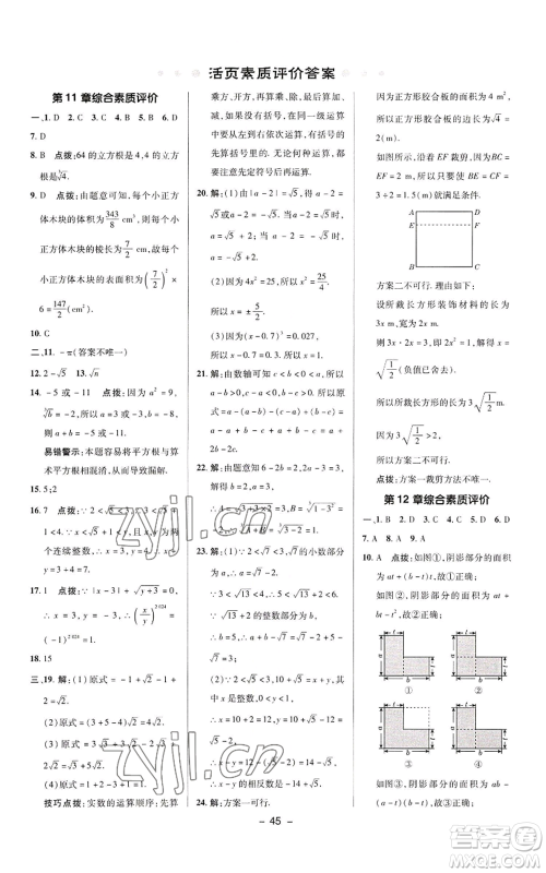 陕西人民教育出版社2022秋季综合应用创新题典中点提分练习册八年级上册数学华师大版参考答案