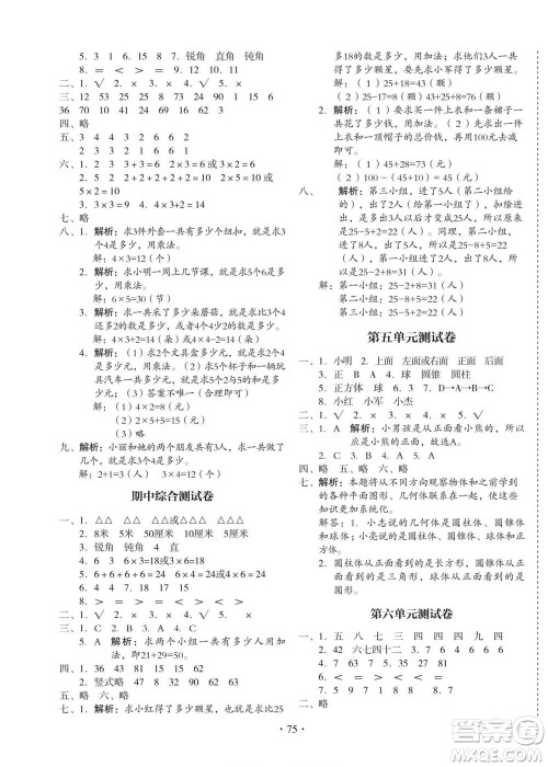 云南美术出版社2022启迪全优卷数学二年级上册人教版答案