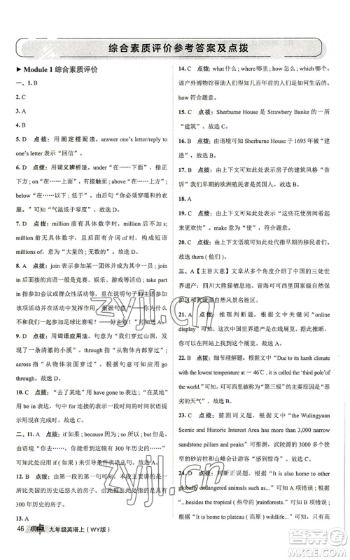 陕西人民教育出版社2022秋季综合应用创新题典中点提分练习册九年级上册英语外研版参考答案