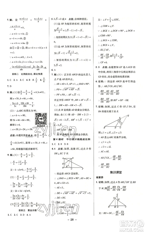 陕西人民教育出版社2022秋季综合应用创新题典中点提分练习册九年级上册数学沪科版参考答案