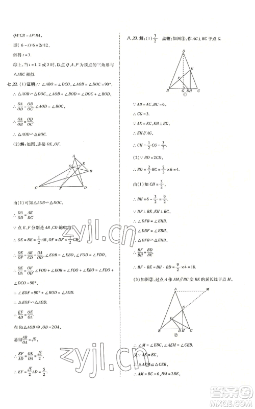 陕西人民教育出版社2022秋季综合应用创新题典中点提分练习册九年级上册数学沪科版参考答案