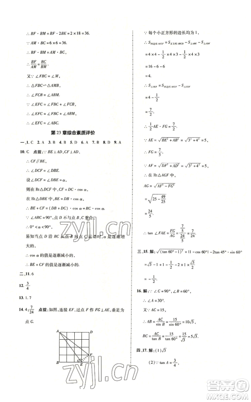 陕西人民教育出版社2022秋季综合应用创新题典中点提分练习册九年级上册数学沪科版参考答案