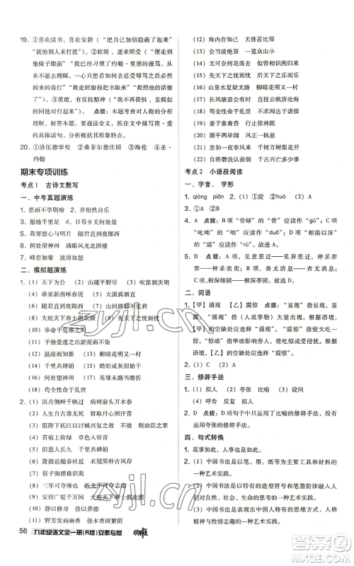 吉林教育出版社2022秋季综合应用创新题典中点提分练习册九年级语文人教版安徽专版参考答案