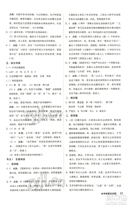 吉林教育出版社2022秋季综合应用创新题典中点提分练习册九年级语文人教版安徽专版参考答案