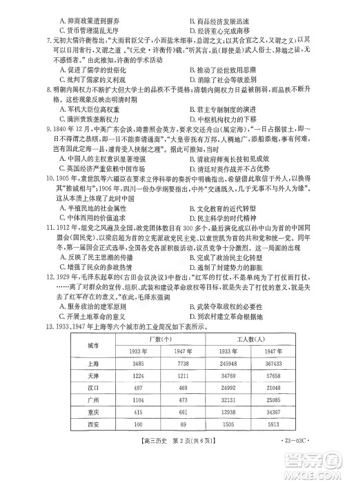 2022-2023年度河南省高三年级入学摸底考试一历史试题及答案 2022-2023年度河南省高三年级入学摸底考试一历史试题及答案