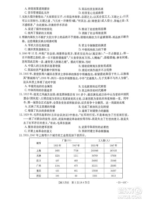 2022-2023年度河南省高三年级入学摸底考试一历史试题及答案