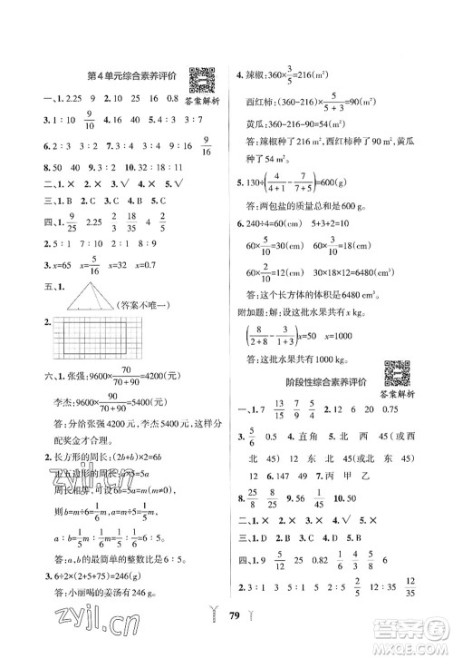 陕西师范大学出版总社2022PASS小学学霸冲A卷六年级数学上册RJ人教版答案