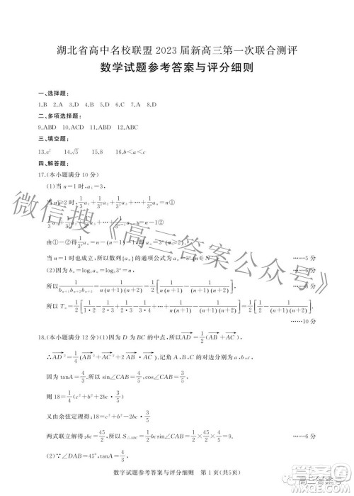 湖北省高中名校联盟2023届新高三第一次联合测评数学试题及答案