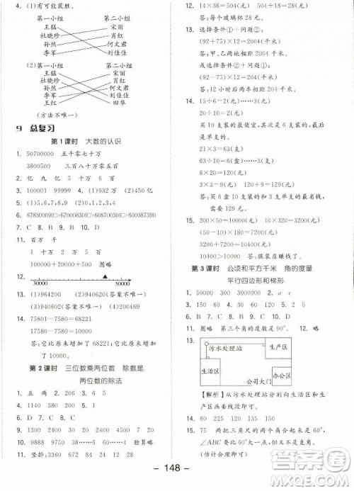 开明出版社2022全品学练考数学四年级上册人教版答案