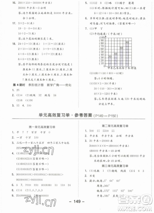 开明出版社2022全品学练考数学四年级上册人教版答案