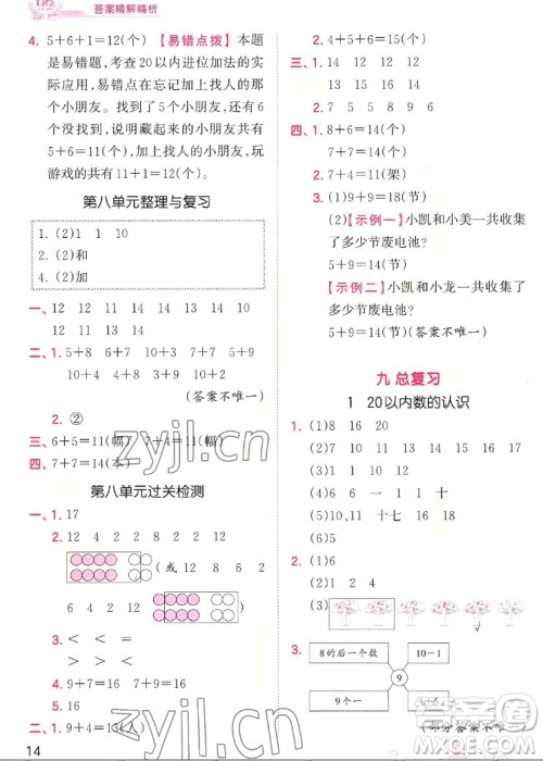 江西人民出版社2022王朝霞创维新课堂数学一年级上册RJ人教版答案