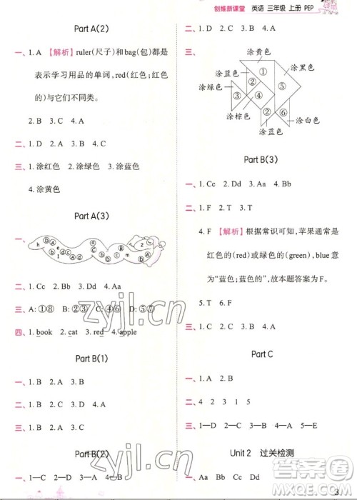 江西人民出版社2022王朝霞创维新课堂英语三年级上册人教版答案