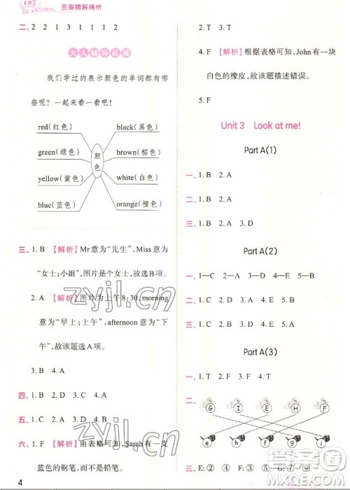江西人民出版社2022王朝霞创维新课堂英语三年级上册人教版答案
