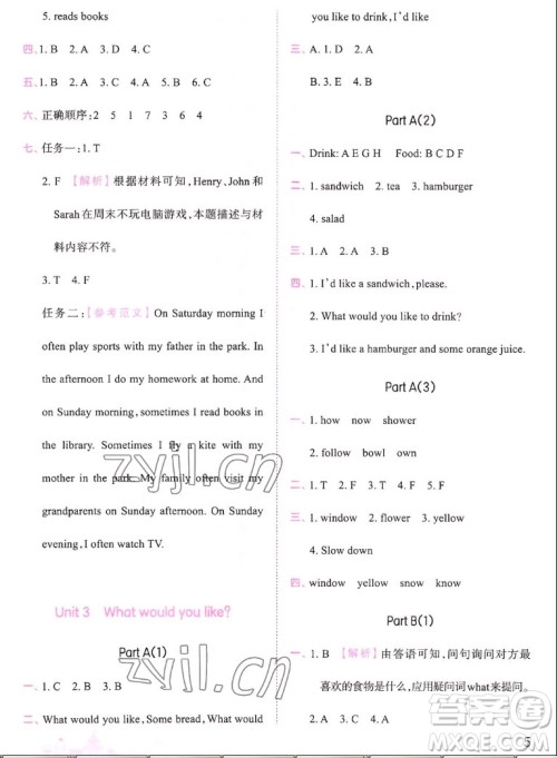 江西人民出版社2022王朝霞创维新课堂英语五年级上册人教版答案