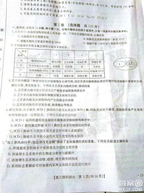 2023届贵州省金太阳高三年级联合考试理科综合试题及答案 2023届贵州省金太阳高三年级联合考试理科综合试题及答案