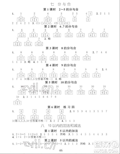 北方妇女儿童出版社2022秋江苏金考卷数学一年级上册苏教版答案