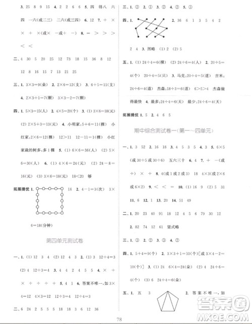 北方妇女儿童出版社2022秋江苏金考卷数学二年级上册苏教版答案