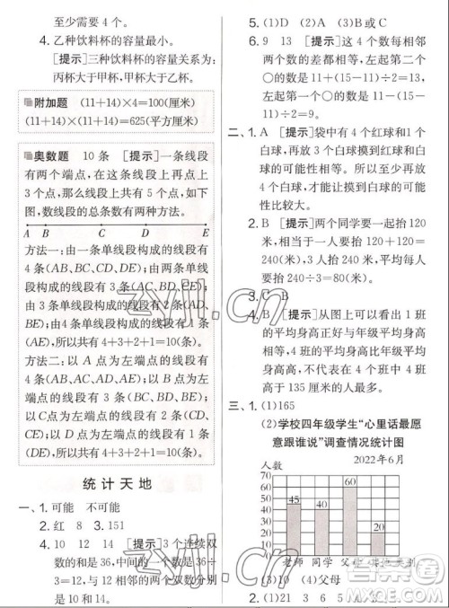 吉林教育出版社2022秋实验班提优大考卷数学四年级上册苏教版答案