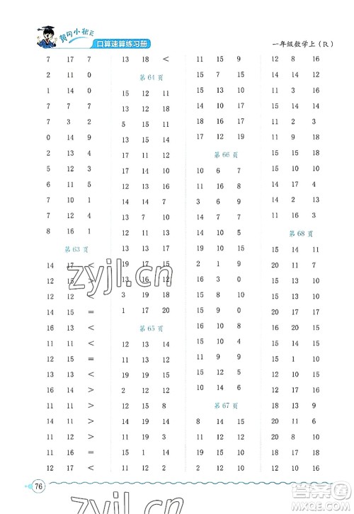 龙门书局2022黄冈小状元口算速算练习册一年级数学上册R人教版答案 龙门书局2022黄冈小状元口算速算练习册一年级数学上册R人教版答案