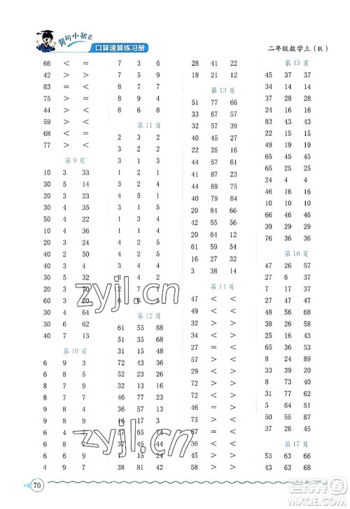 龙门书局2022黄冈小状元口算速算练习册二年级数学上册R人教版答案 龙门书局2022黄冈小状元口算速算练习册二年级数学上册R人教版答案