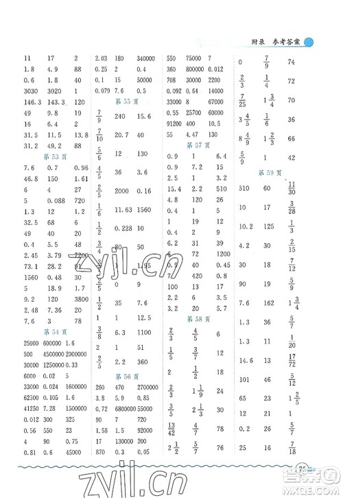 龙门书局2022黄冈小状元口算速算练习册五年级数学上册BS北师版答案