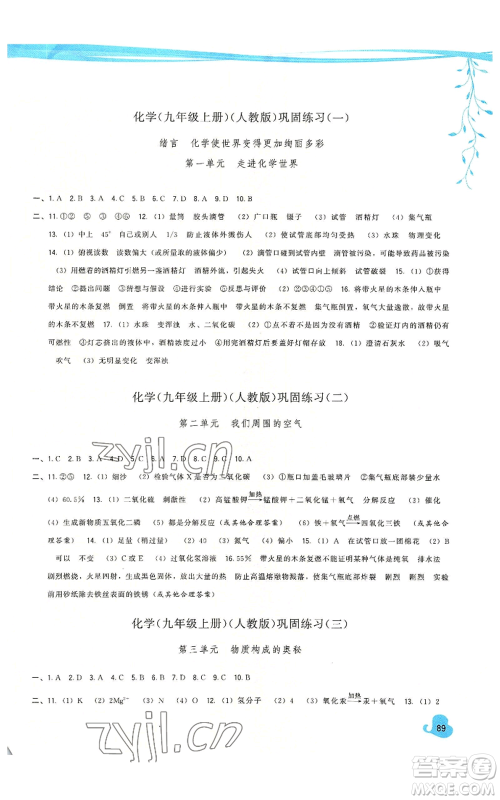 福建人民出版社2022秋季顶尖课课练九年级上册化学人教版参考答案