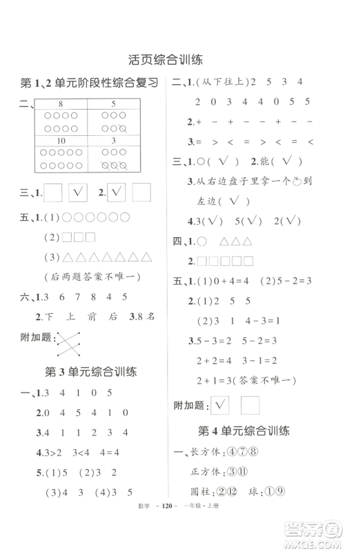 长江出版社2022秋季状元成才路创优作业100分一年级上册数学人教版参考答案 长江出版社2022秋季状元成才路创优作业100分一年级上册数学人教版参考答案