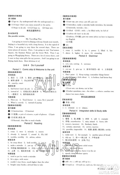 阳光出版社2022全品学练考八年级英语上册YLNJ译林牛津版答案