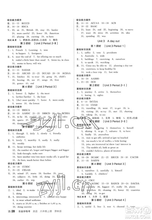 阳光出版社2022全品学练考八年级英语上册YLNJ译林牛津版答案