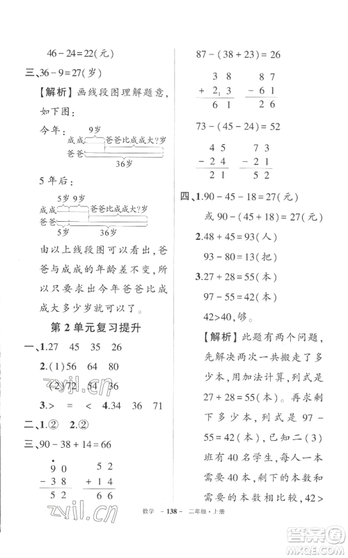 西安出版社2022秋季状元成才路创优作业100分二年级上册数学人教版湖南专版参考答案