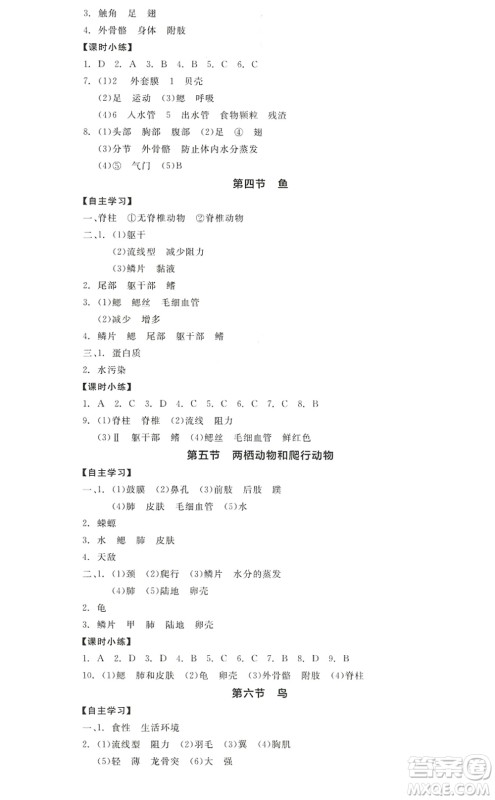 阳光出版社2022全品学练考八年级生物上册RJ人教版答案