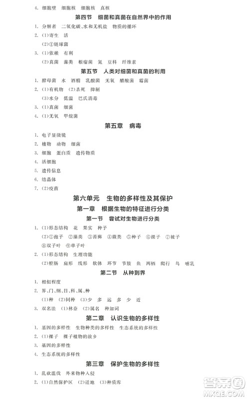 阳光出版社2022全品学练考八年级生物上册RJ人教版答案