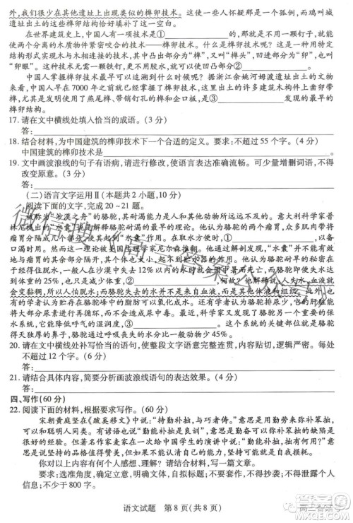 天一大联考顶尖计划2023届高中毕业班第一次考试语文试题及答案