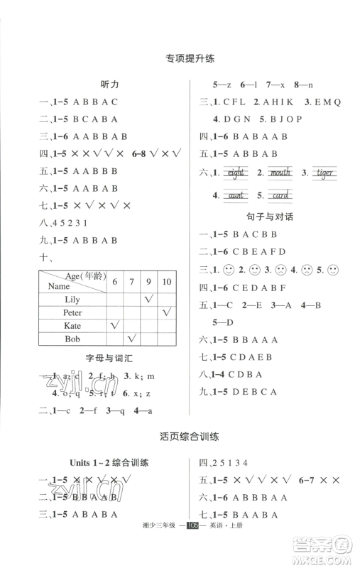 吉林教育出版社2022秋季状元成才路创优作业100分三年级上册英语湘少版参考答案