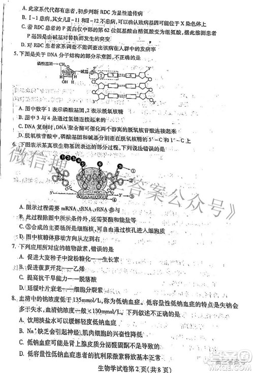 哈尔滨市2020级学业质量检测试题生物学试题及答案