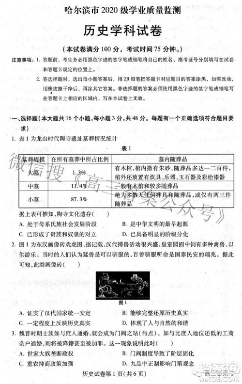 哈尔滨市2020级学业质量检测试题历史试题及答案 哈尔滨市2020级学业质量检测试题历史试题及答案